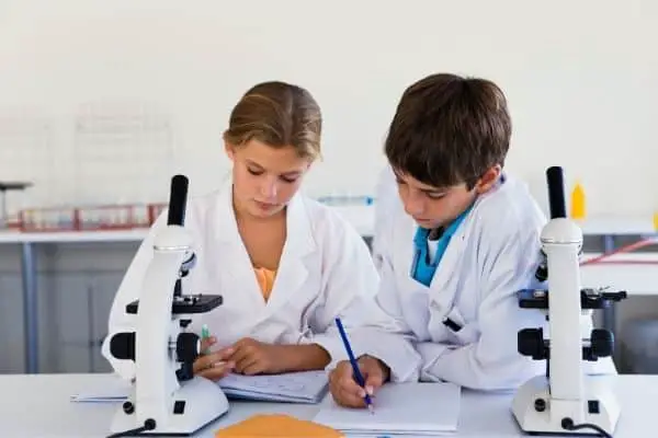 Students doing microscope activities