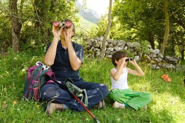 Parent And Kid Birdwatching With Binoculars