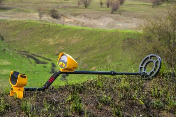 Black And Yellow Metal Detector Lying In The Grass